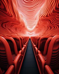 Futuristic abstract design in vibrant red with rows of seats creating an immersive tunnel effect. Conceptual digital art.