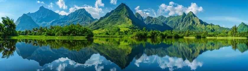 A picturesque scene of a mountain range reflected perfectly in a tranquil lake, with clear blue skies and lush greenery, with copy space.