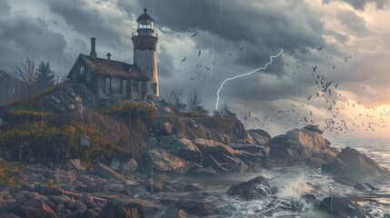 Lighthouse on a rocky cliff during a storm with lightning striking and birds flying in the dramatic sky.