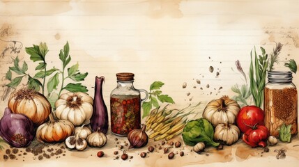Watercolor illustration of fresh vegetables, herbs, and spices arranged on a textured background, perfect for culinary designs and kitchen decor.