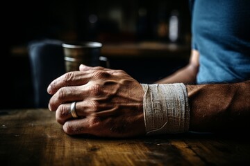 A close-up of a person's bandaged hand resting on a wooden table, wearing a ring and holding a metal cup, with a dark, blurred background.