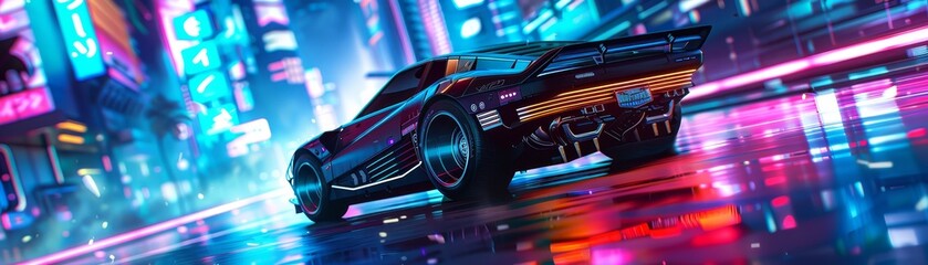A high-resolution shot of a futuristic vehicle with sleek design and advanced features, racing through a neon-lit urban landscape, with copy space.