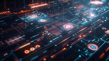 Fototapeta premium A close-up of a holographic interface with floating 3D data visualizations and futuristic technology, set against a dark background, with copy space.