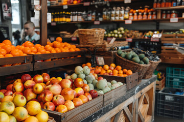 Obraz premium A counter with a large assortment of fresh fruits and vegetables for sale at the local producers' market