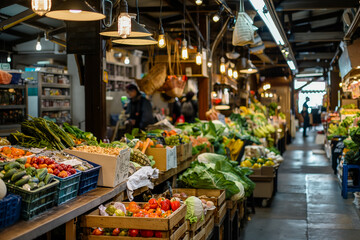 Seasonal local market, stalls with vegetables and fruits at the market stall, advertising of local producers and seasonal products
