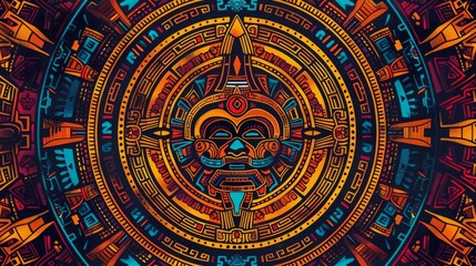 Fototapeta premium Colorful abstract Aztec calendar artwork intricate patterns vibrant hues, showcasing ancient cultural symbolism artistry.