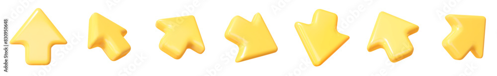 Poster 3d set of yellow click cursor icon. mouse arrows pointing in different directions. stock vector illu
