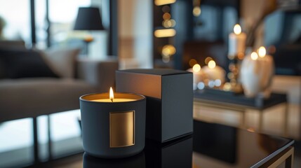A high-resolution image of luxury candle packaging with a sophisticated design, featuring a matte black box and gold foil lettering, with copy space.
