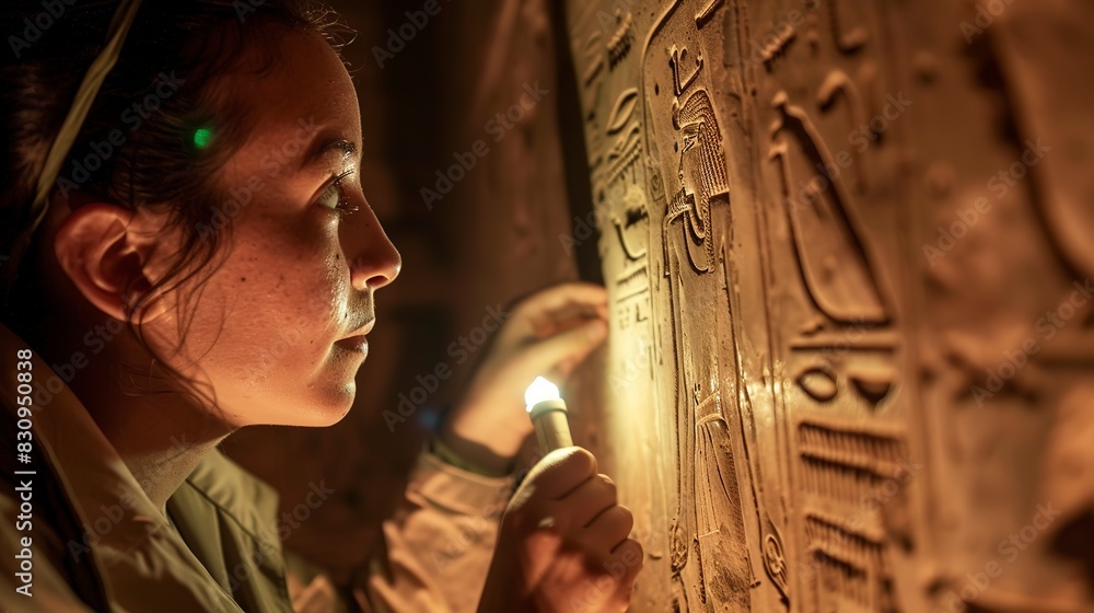 Poster backpacker deciphering hieroglyphs in an egyptian tomb, close-up on torchlight and enigmatic symbols