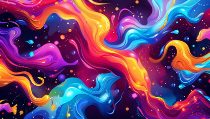 Obraz premium Colorful abstract background with colorful fluid shapes and liquid splashes on a dark black purple background.