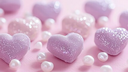 A blush pink canvas with soft purple hearts and shimmering pearl glitter, perfect for an elegant and understated baby girl announcement.