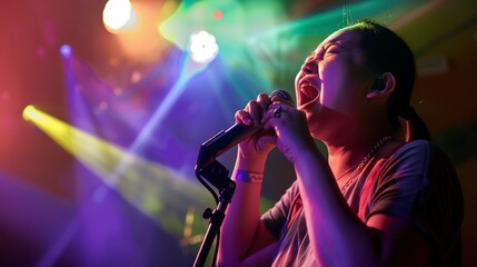 Backpacker singing karaoke in Tokyo, close-up on microphone and jubilant expression, colorful stage...