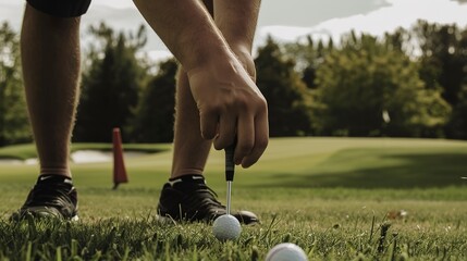Solo traveler setting up a golf tee, close-up on hands and golf ball, lush fairway in the background