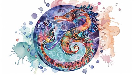 Colorful dragon illustration with a mix of watercolor and intricate patterns, perfect for fantasy art and creative projects.