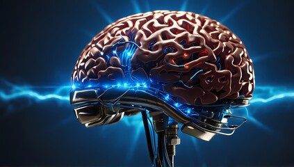 A brain with electric currents, 3D brain, A brain with lightning currents of electricity.