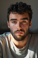 Obraz premium Close-up portrait of a young man with a beard, featuring an intense gaze and soft indoor lighting, highlighting his facial features.