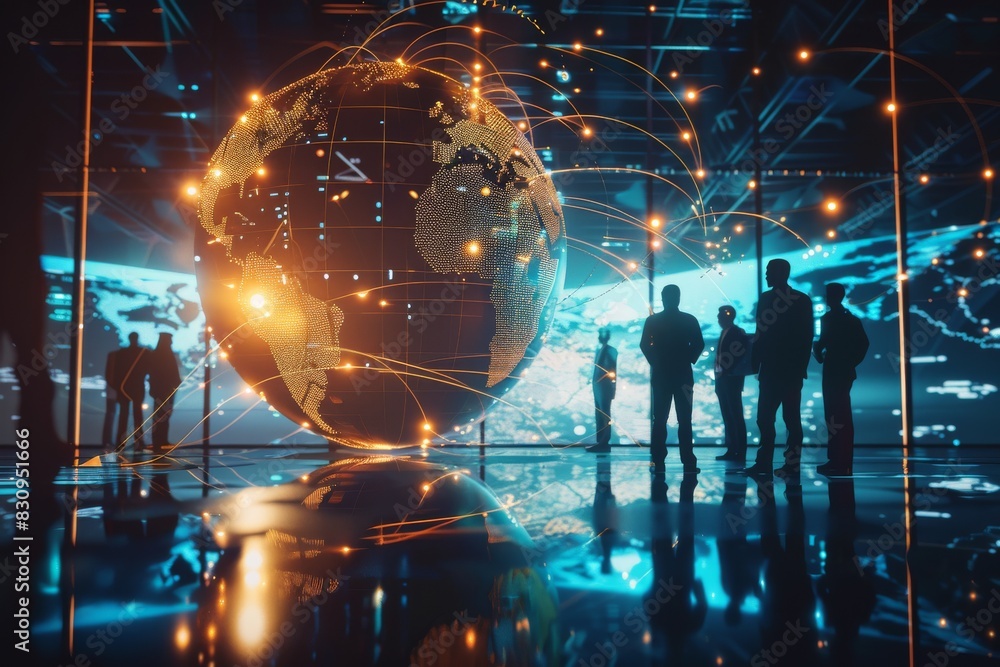 Aufkleber digitally enhanced image showing a group of silhouettes in front of a glowing earth network represen