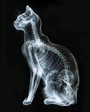 Cat skeleton posed atop black background, in X-ray style