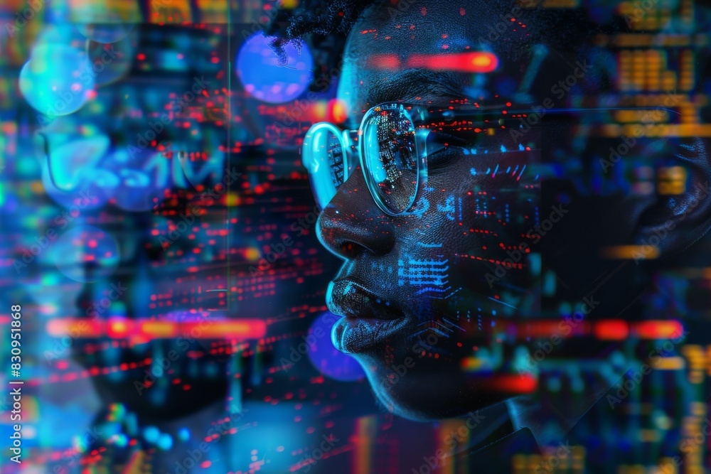 Poster a close-up of an individual with a colorful digital code overlay, suggesting themes of technology an