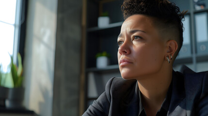 Pensive Mixed-Race Businesswoman with Short Hair Contemplating at Her Desk in Office, Reflecting on Personal Emotions and Future Challenges