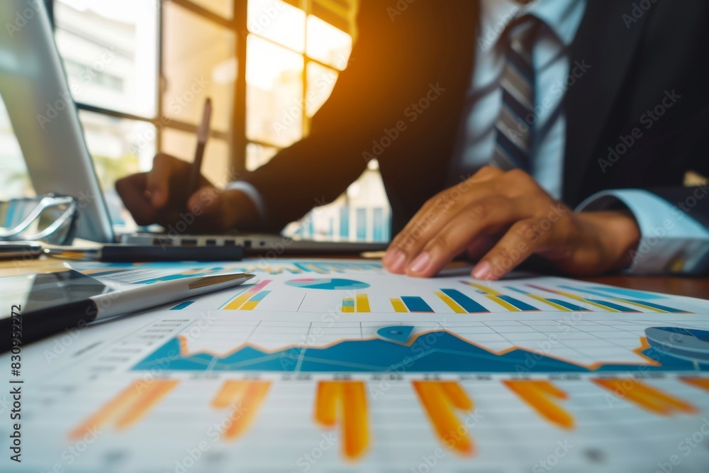 Poster a professional in a suit reviews data charts on a desk with laptop and tools in a corporate setting