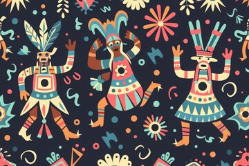 Colorful tribal dancing figures adorned with traditional patterns and feathers on a dark background. Hand-drawn festive art illustration.