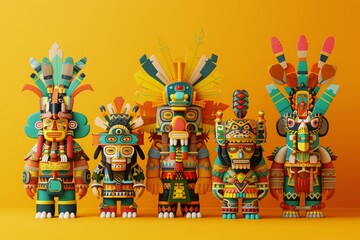 Naklejka premium Colorful traditional Aztec figurines arranged in a line against a vibrant yellow background, showcasing intricate designs and cultural artistry.