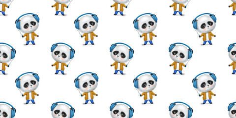 Seamless pattern with cool animal panda in clothes. Childish hand drawn background.