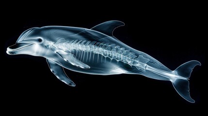 Skeleton of a dolphin gracefully swims through the water in stunning X-ray style