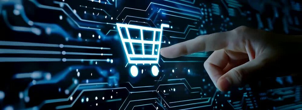 A hand touching glowing ecommerce shopping cart icon