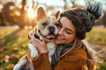 Obraz premium A woman in winter clothing enchants with her smile while cuddling her French bulldog in the park