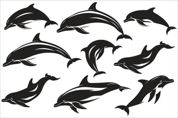 Set of black silhouette of dolphin, Silhouettes of fish, Dolphin jump from the water, Black silhouettes of dolphin, Dolphin, Element, Ocean, Jumping, Animal, Abstract, Aquarium, Fish, Illustration