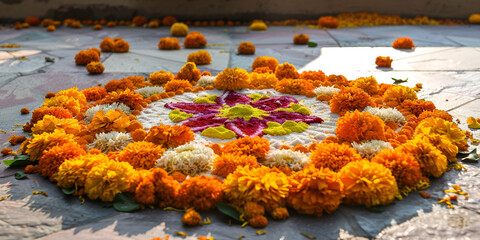 Diwali Lights Adorning Vibrant Rangoli Artwork
