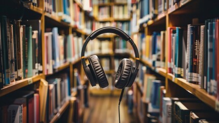 A pair of headphones is sitting on a shelf in a library