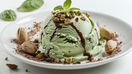 Pistachio ice cream dessert with toppings on a white plate isolated
