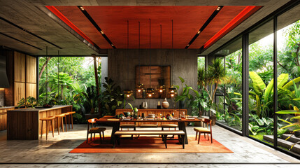 Fototapeta premium Natural red shade dining room of a house resort by lush jungle
