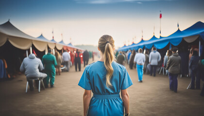 A nurse walks through a refugee camp to provide assistance in a time of catastrophe or war. Generative ai.