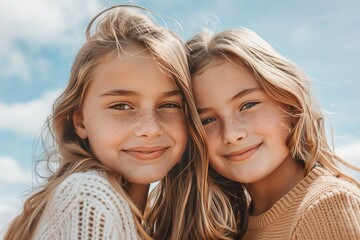 Fototapeta premium Close-up of twin sisters smiling and hugging each other, displaying a strong sibling bond in the daytime
