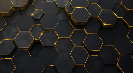 Abstract black background with golden geometric hexagon pattern and glitter, luxury wallpaper design