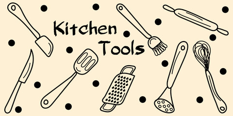 Doodle set Kitchen utensil: wire whisk, spatula, rolling pin, gratter, busting brush, metal turner editable stroke. Vector hand drawn illustration in black, beige colors. Isolated on beige background	