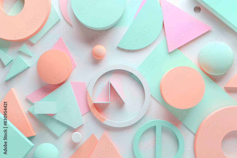 Poster 3d rendering of an abstract geometric background with pastel colored shapes and circles, squares, an