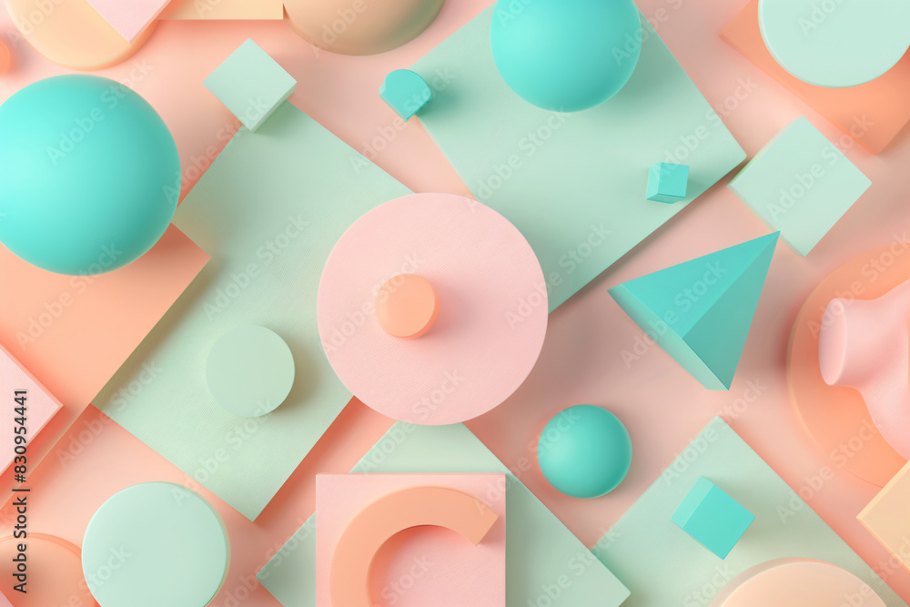 Poster 3d rendering of an abstract geometric background with pastel colored shapes and circles, squares, an