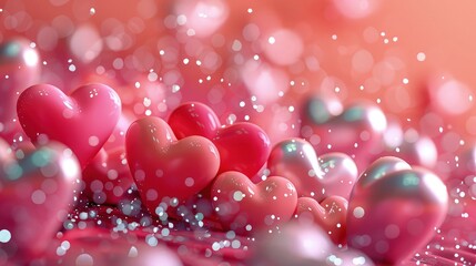 Obraz premium A bubblegum pink background with 3D hearts popping out in shades of pink and red, accented with dynamic silver sparkles, ideal for a lively and youthful party backdrop.