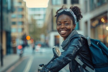 Woman with a radiant smile riding scooter on a city street with buildings and cars in background