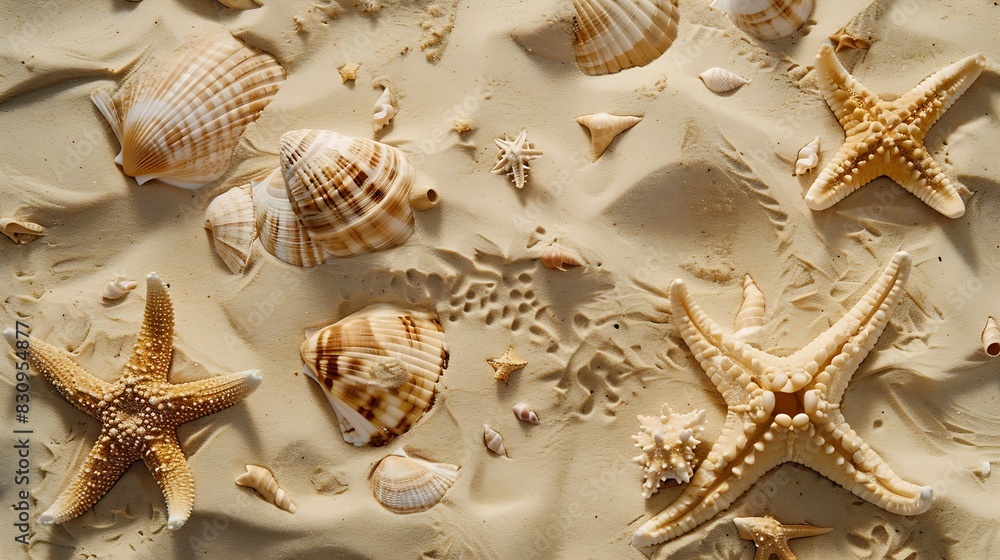 Poster Top view of a sandy beach texture with imprints of exotic seashells and starfish as natural textured background : Generative AI