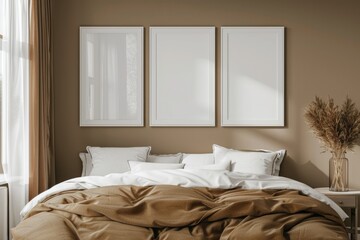 Interior of an elegant bedroom with beige walls and brown bed linen, decorated with three large white photo frames on the wall, mockup style, with empty space