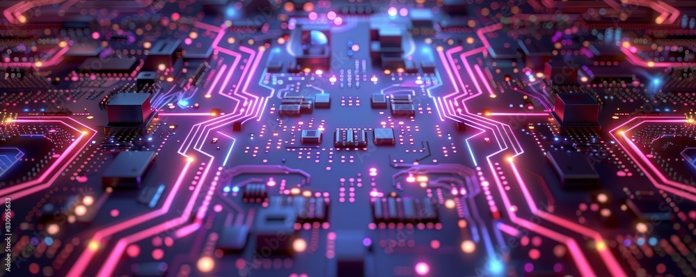 Poster a close-up view of a colorful electronic circuit board with glowing neon lights and intricate pathwa