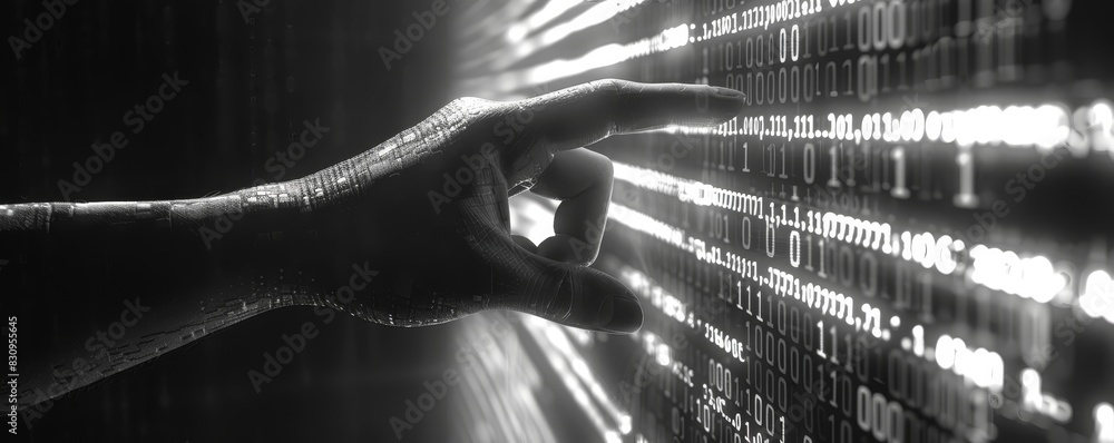 Poster a close-up of a hand interacting with digital code on a futuristic, illuminated screen. ideal for te