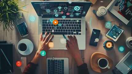 Social media engagement Digital marketing concept Working on computer for creating social media platforms to build relationships and drive sales Engaging activities responding to comme : Generative AI