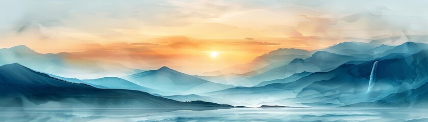 Fototapeta premium tranquil valley and mountain sunrise concentrate on, double exposure, copy space, and close up of a waterfall silhouette